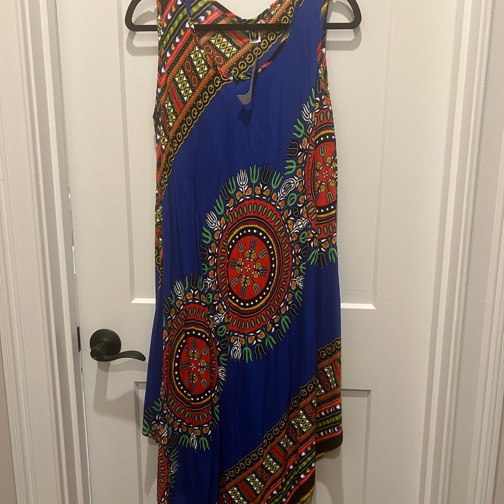 Asymmetrical Blue and Orange Maxi Dress for Resort Wear